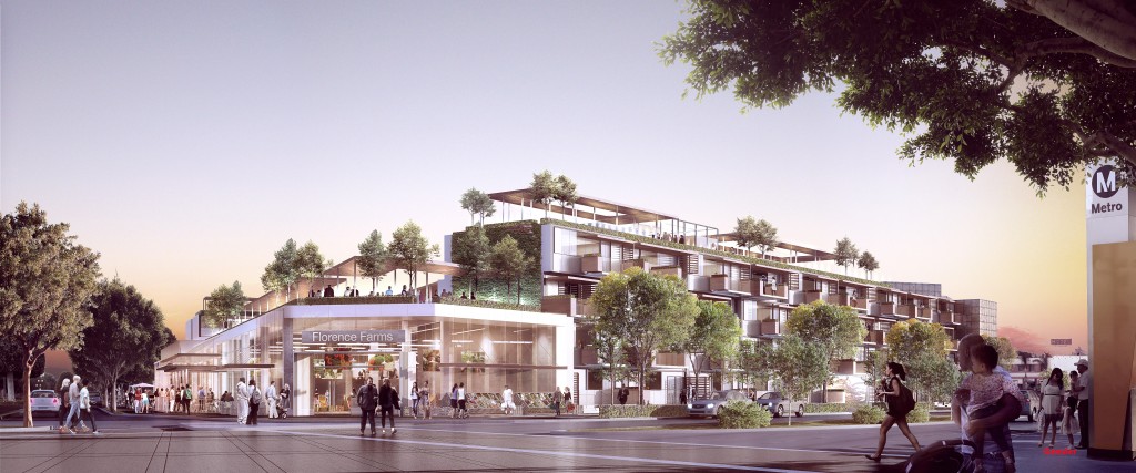 Rendering of a potential mixed-use, livable community development at the future Florence/La Brea Crenshaw Line Station in Inglewood. Commissioned for LABC by Gensler.