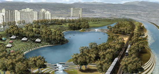Rendering of a park and new developments along the LA River in the Cornfield Arroyo Seco neighborhood, also the location of the Cornfield Arroyo Seco Specific Plan (CASP). Image from the LA River Revitalization Master Plan.